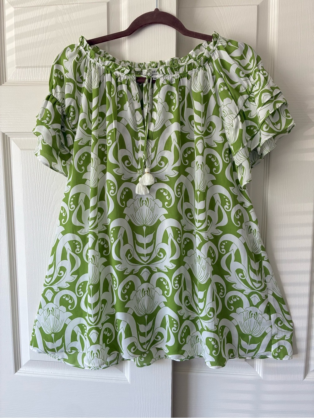 Rose & Olive Green and White Floral Off-Shoulder Tunic with Tassel Tie